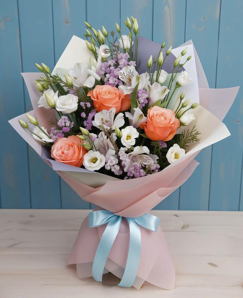 Букет цветов из: Лизиантусы, Розы, Альстромерии и Гипсофила в Староникольское 