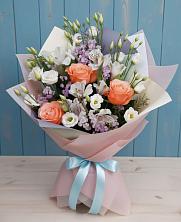 Букет цветов из:  Лизиантусы, Розы, Альстромерии и Гипсофила в Староникольское 